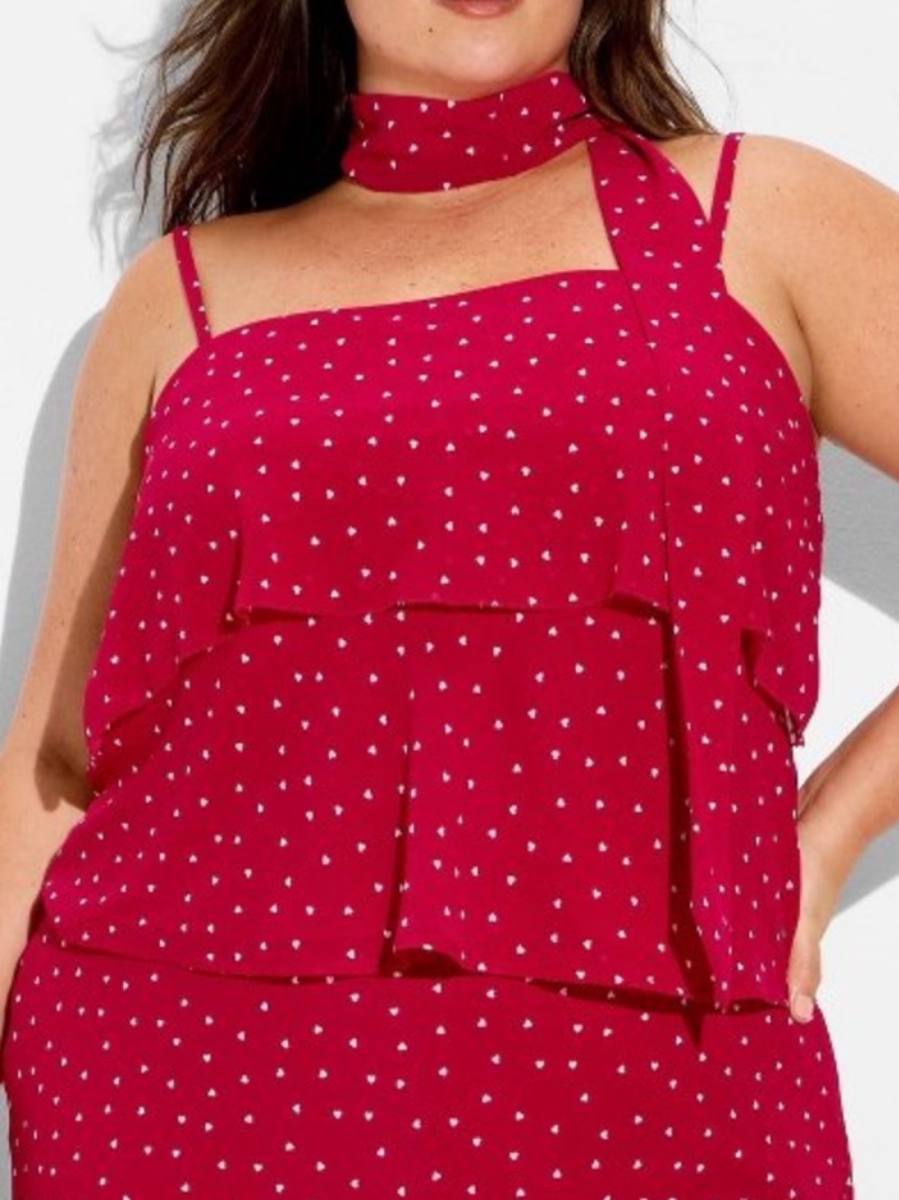 Sexy Red Chiffon Polka Hearts Tiered Top with Neck Tie